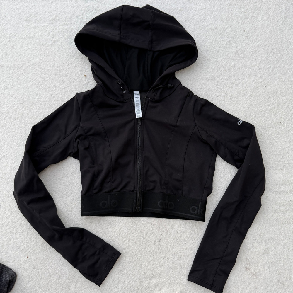 Alo Yoga Cropped Full-Zip Hoodie Women's Black Sporty Gym Athletic No Size Tag
